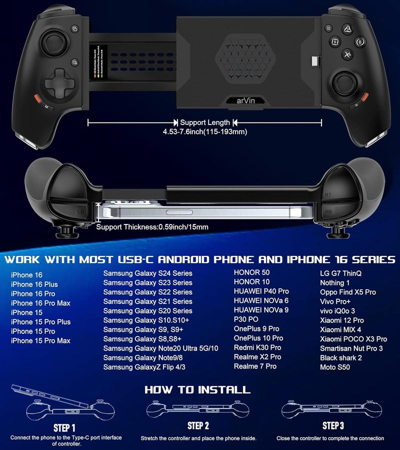 arVin Mobile Gaming Controller for Android and iPhone 17/16/15 Series (USB-C) PS Remote Player Gamepad for PS5/PS4/Xbox/PC with Hall Joysticks/Hall Trigger/3.5mm Audio Jack/Cloud Gaming Controller, Plug & Play - Image 4